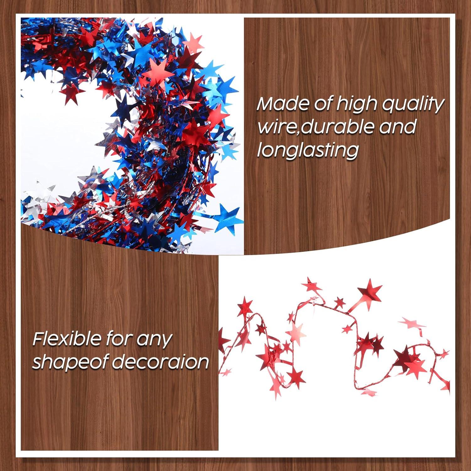 imageShappy 1476 ft Star Garland Wired Christmas Tinsel Garland for Tree Metallic Small Mini 6 Rolls for Decorations MulticolorRed blue white