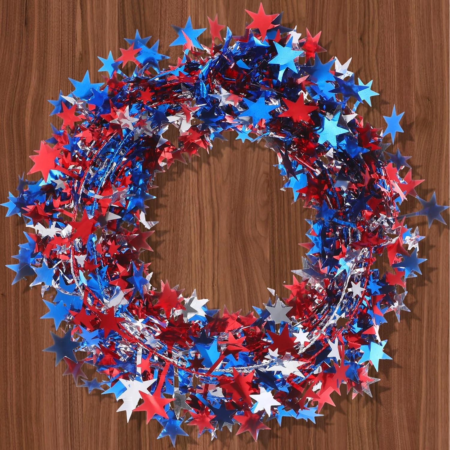 imageShappy 1476 ft Star Garland Wired Christmas Tinsel Garland for Tree Metallic Small Mini 6 Rolls for Decorations MulticolorRed blue white