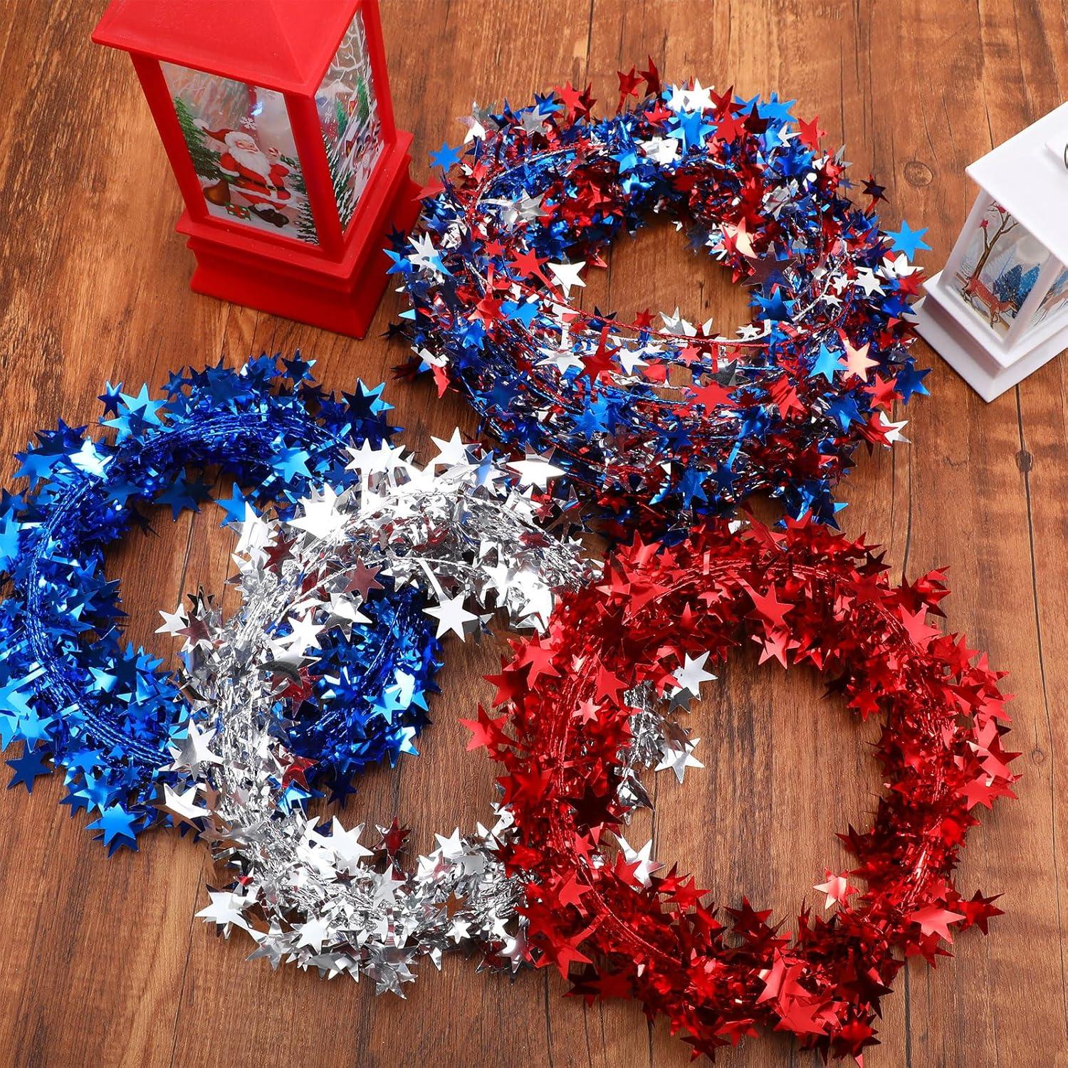 imageShappy 1476 ft Star Garland Wired Christmas Tinsel Garland for Tree Metallic Small Mini 6 Rolls for Decorations MulticolorRed blue white