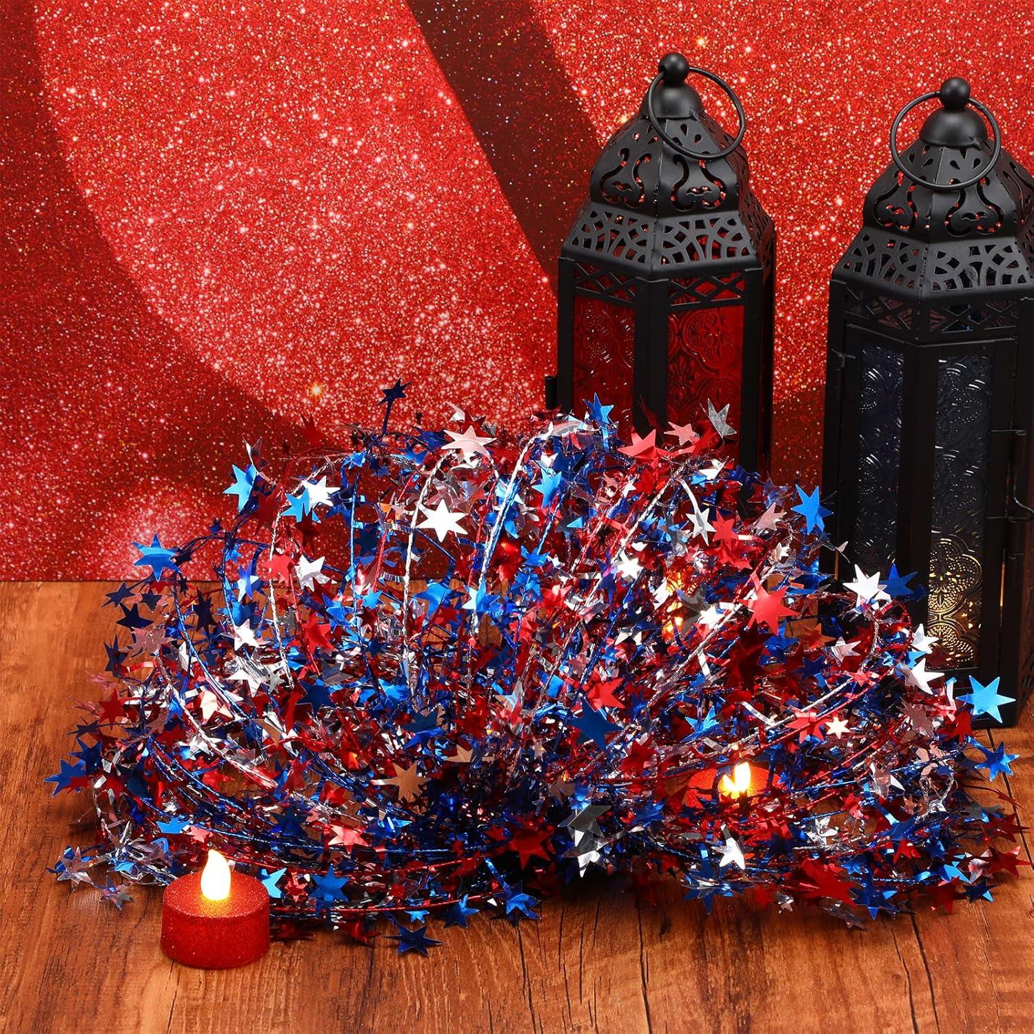 imageShappy 1476 ft Star Garland Wired Christmas Tinsel Garland for Tree Metallic Small Mini 6 Rolls for Decorations MulticolorRed blue white