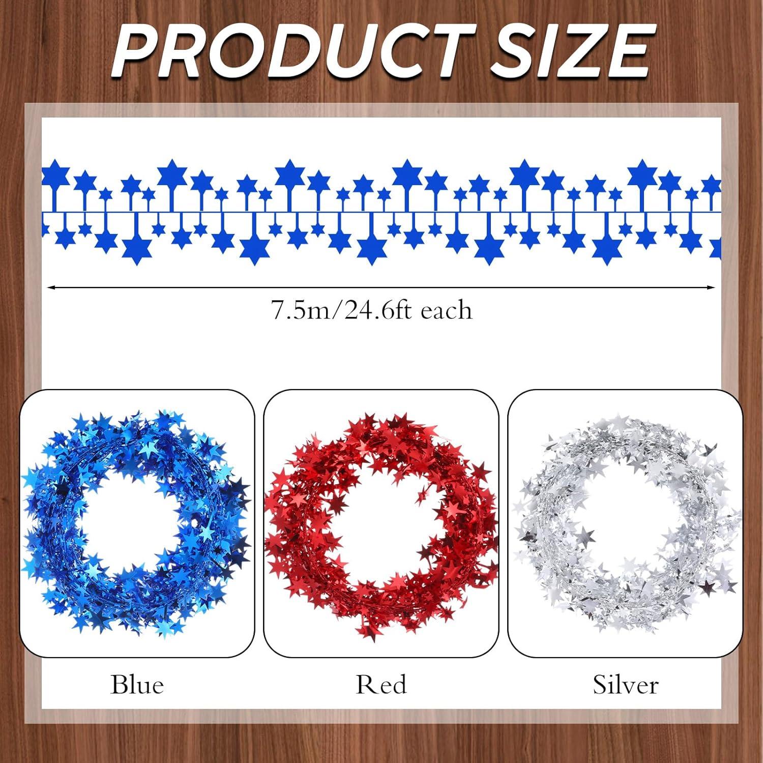 imageShappy 1476 ft Star Garland Wired Christmas Tinsel Garland for Tree Metallic Small Mini 6 Rolls for Decorations MulticolorRed blue white