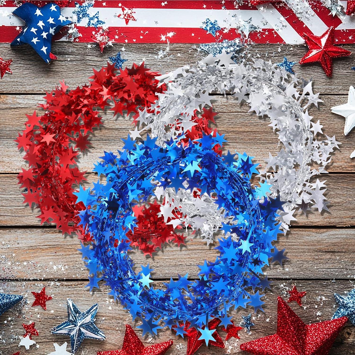 imageShappy 1476 ft Star Garland Wired Christmas Tinsel Garland for Tree Metallic Small Mini 6 Rolls for Decorations MulticolorRed blue white