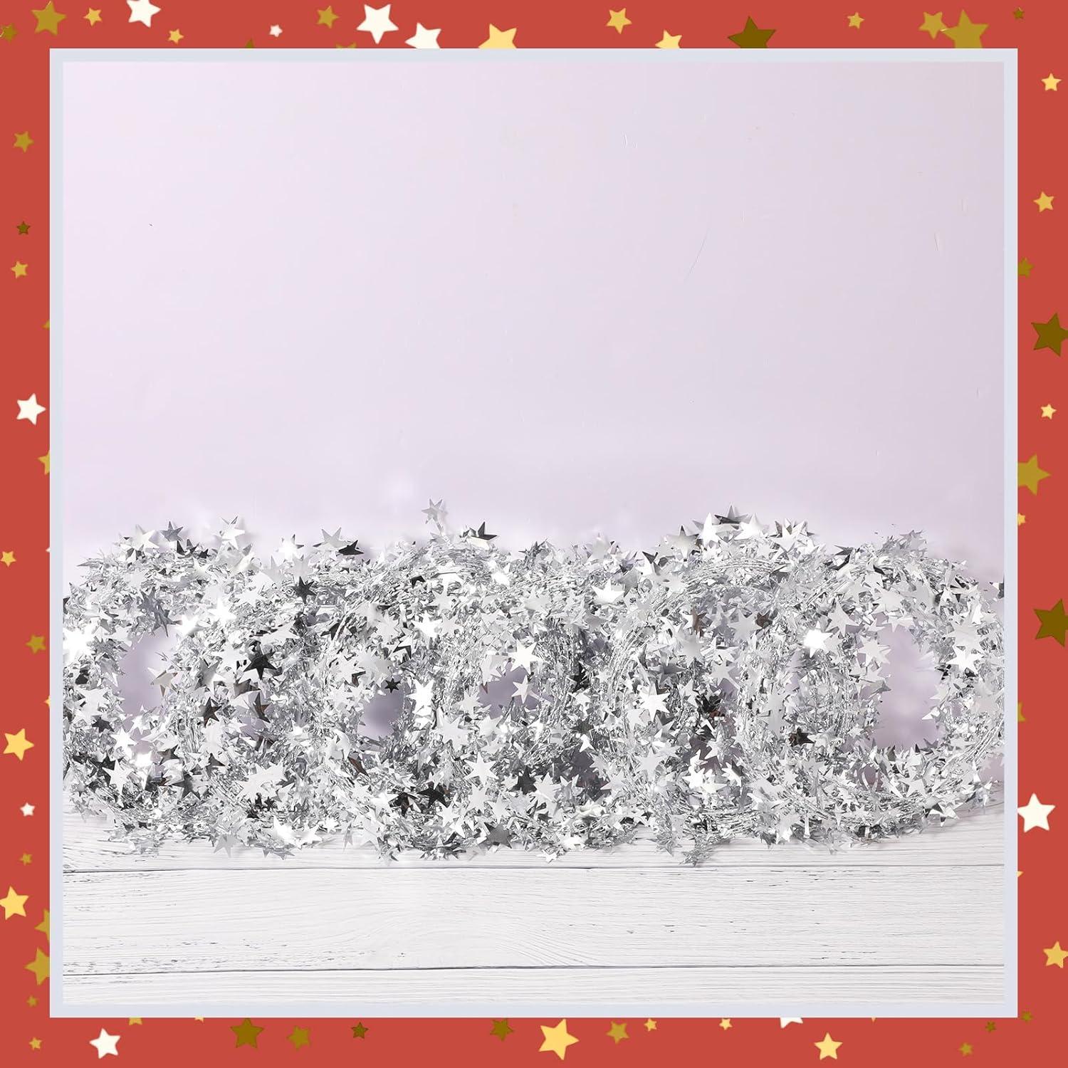 imageShappy 1476 ft Star Garland Wired Christmas Tinsel Garland for Tree Metallic Small Mini 6 Rolls for Decorations MulticolorSilver