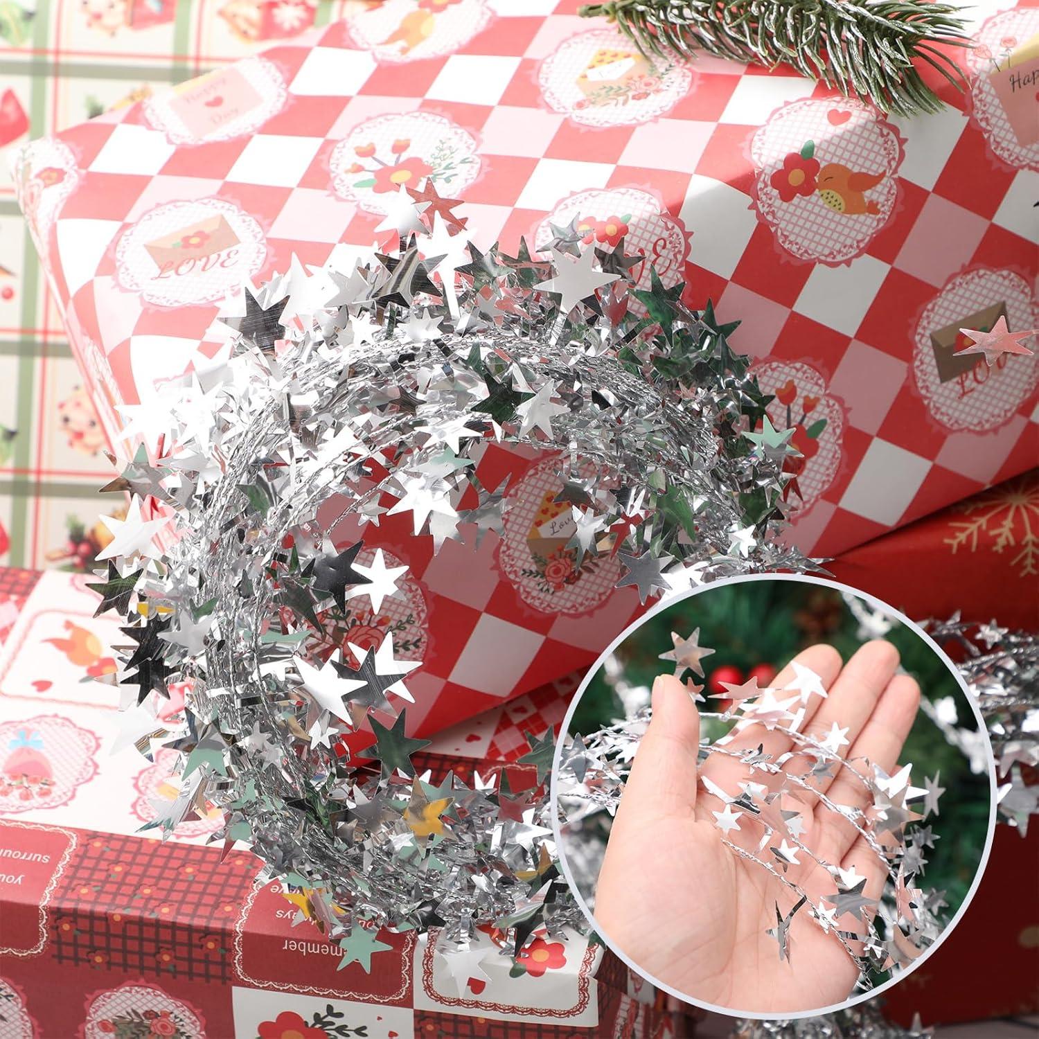 imageShappy 1476 ft Star Garland Wired Christmas Tinsel Garland for Tree Metallic Small Mini 6 Rolls for Decorations MulticolorSilver
