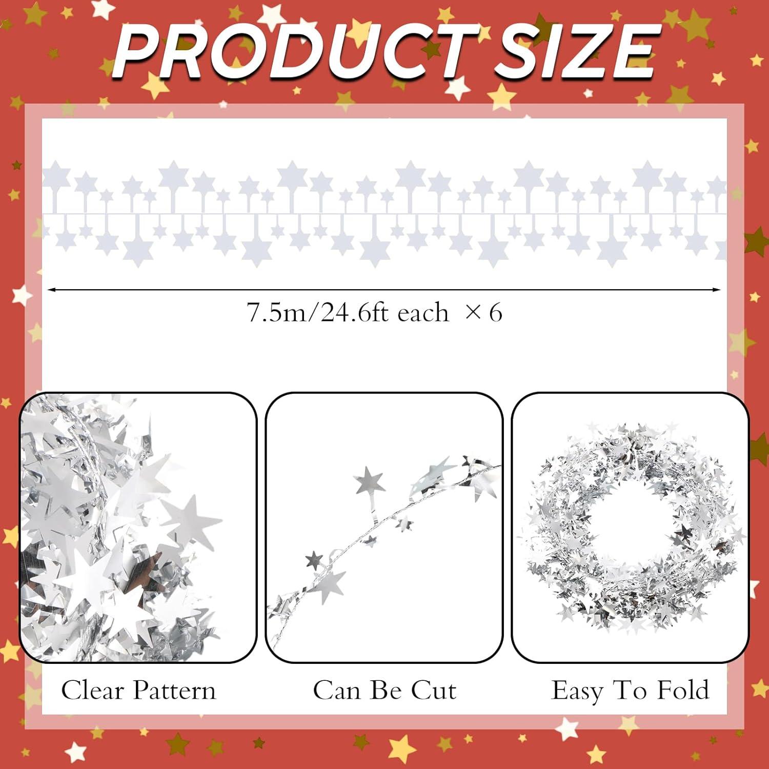imageShappy 1476 ft Star Garland Wired Christmas Tinsel Garland for Tree Metallic Small Mini 6 Rolls for Decorations MulticolorSilver