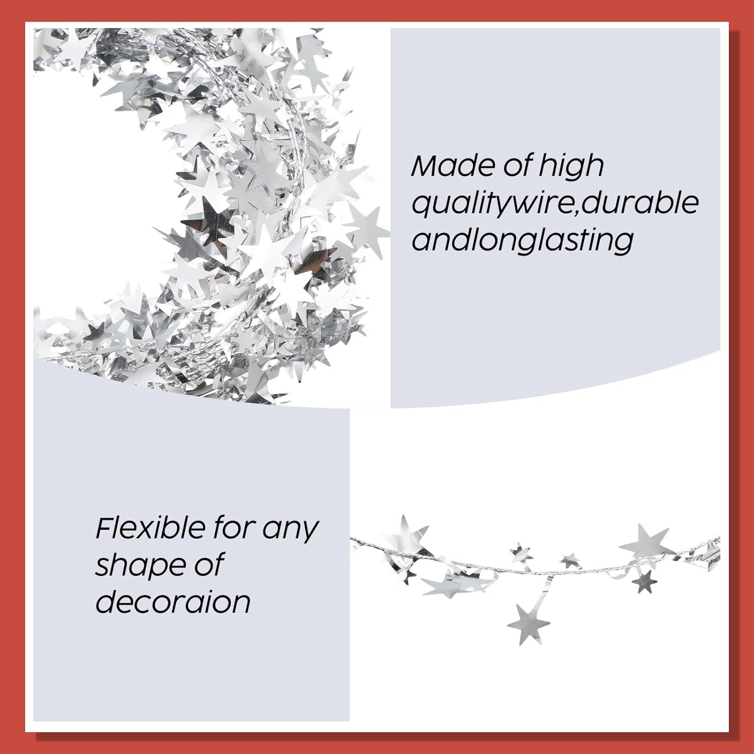 imageShappy 1476 ft Star Garland Wired Christmas Tinsel Garland for Tree Metallic Small Mini 6 Rolls for Decorations MulticolorSilver