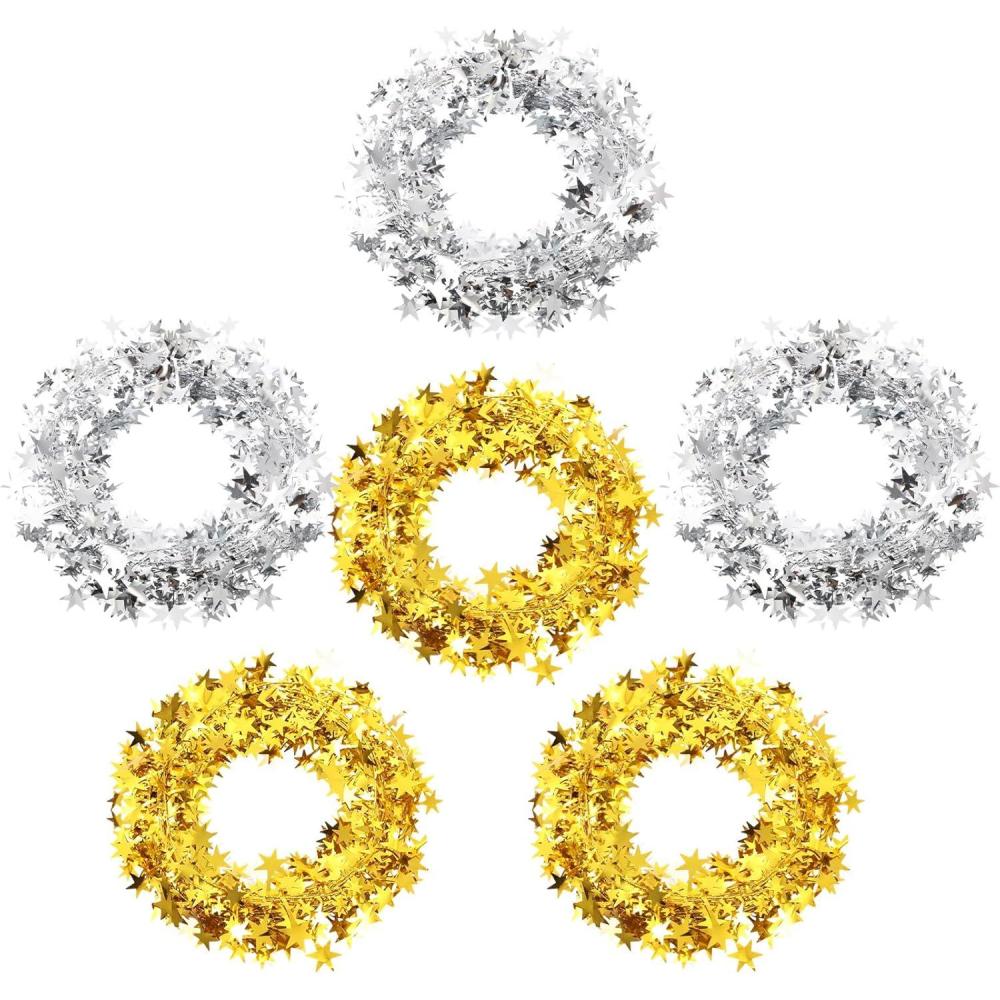 imageShappy 1476 ft Star Garland Wired Christmas Tinsel Garland for Tree Metallic Small Mini 6 Rolls for Decorations MulticolorGold silver