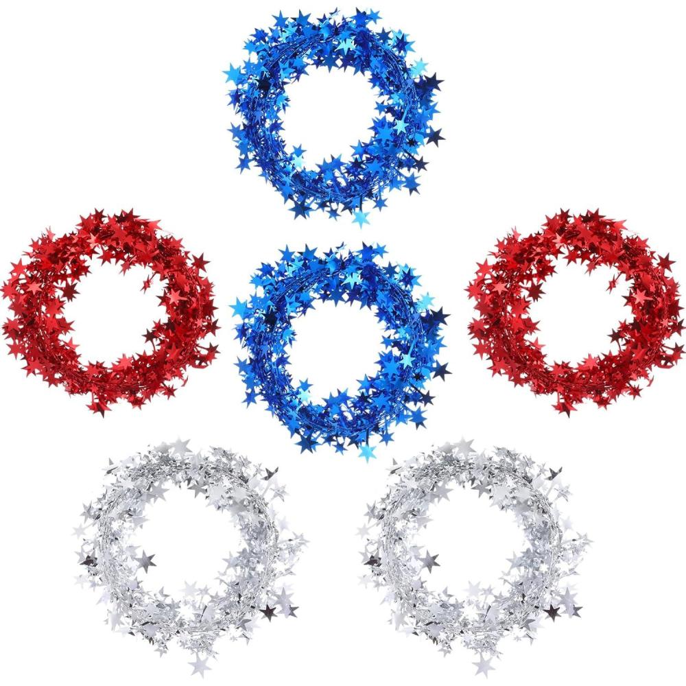 imageShappy 1476 ft Star Garland Wired Christmas Tinsel Garland for Tree Metallic Small Mini 6 Rolls for Decorations MulticolorRed blue white