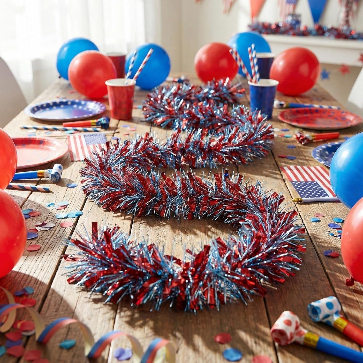 image:imageShappy 90 ft 6 Rolls Wedding Tinsel Garland Decor Glitter Metallic Twist Garland Wedding Summer Luau Birthday Party Indoor Outdoor Hanging Home DecorGreen Gold PurpleRed and Blue